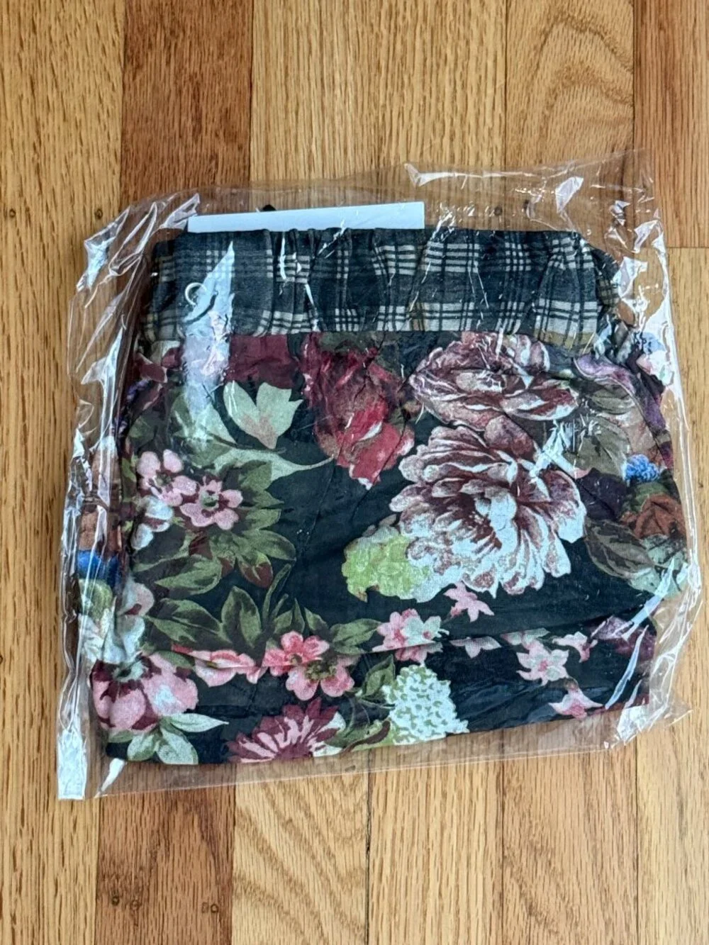 Mango Floral Linen-Style Translucent Tapered Trousers with Plaid Waistband Small